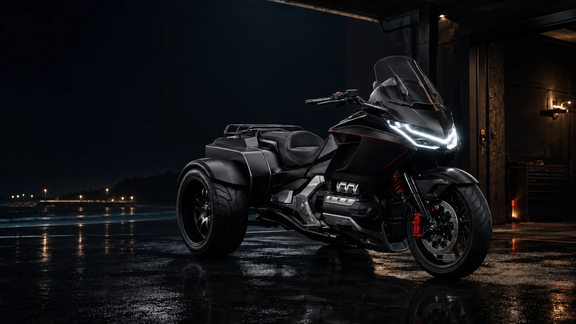 Black Ozimoto flagship three-wheel motorcycle in a dark studio