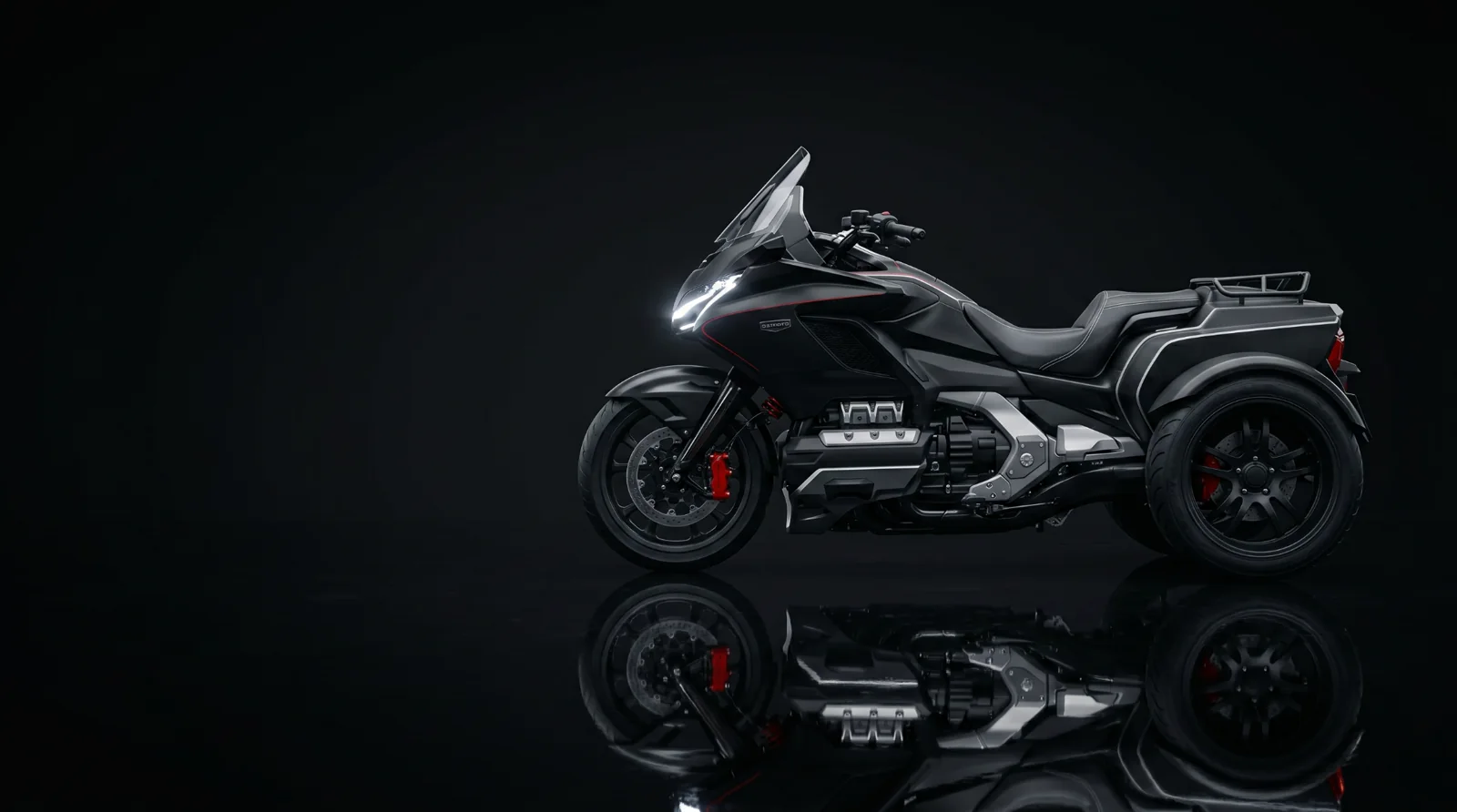 Studio profile of an Ozimoto three-wheel motorcycle