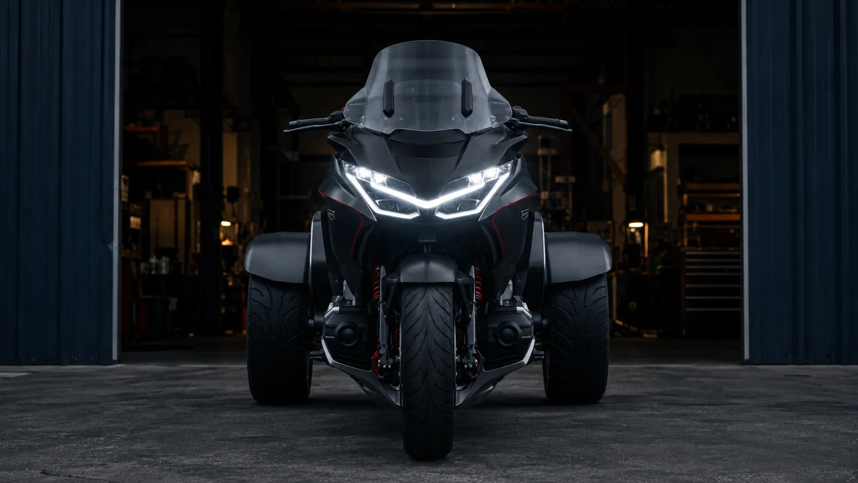 Front view of an Ozimoto flagship three-wheel motorcycle