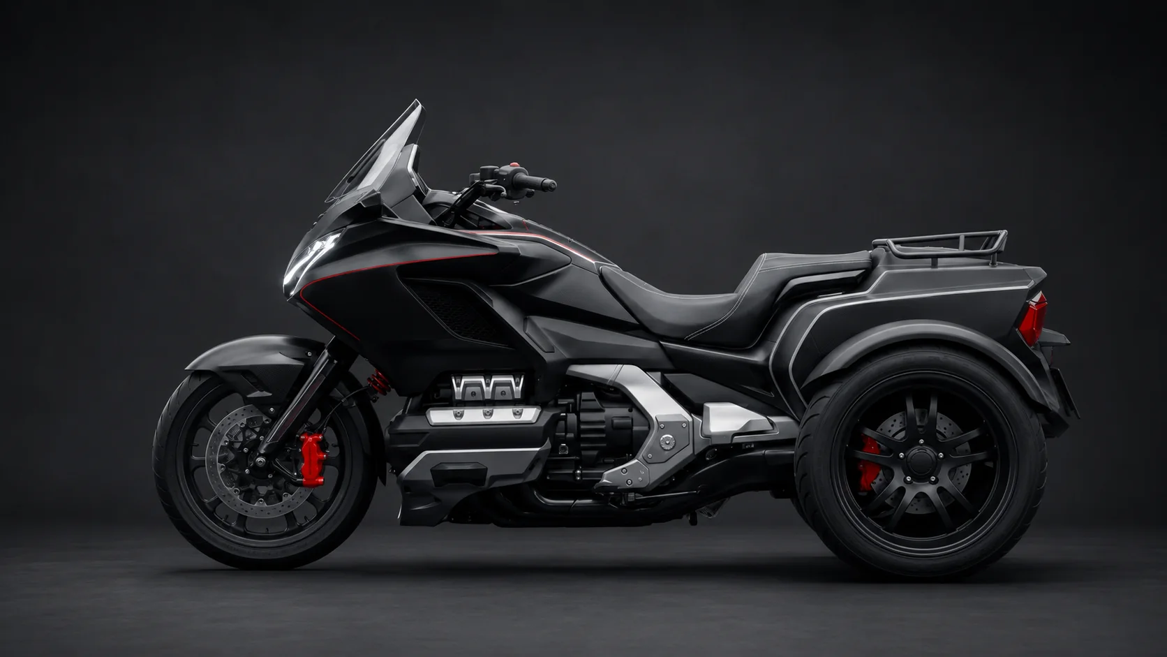 Side profile of an Ozimoto flagship three-wheel motorcycle