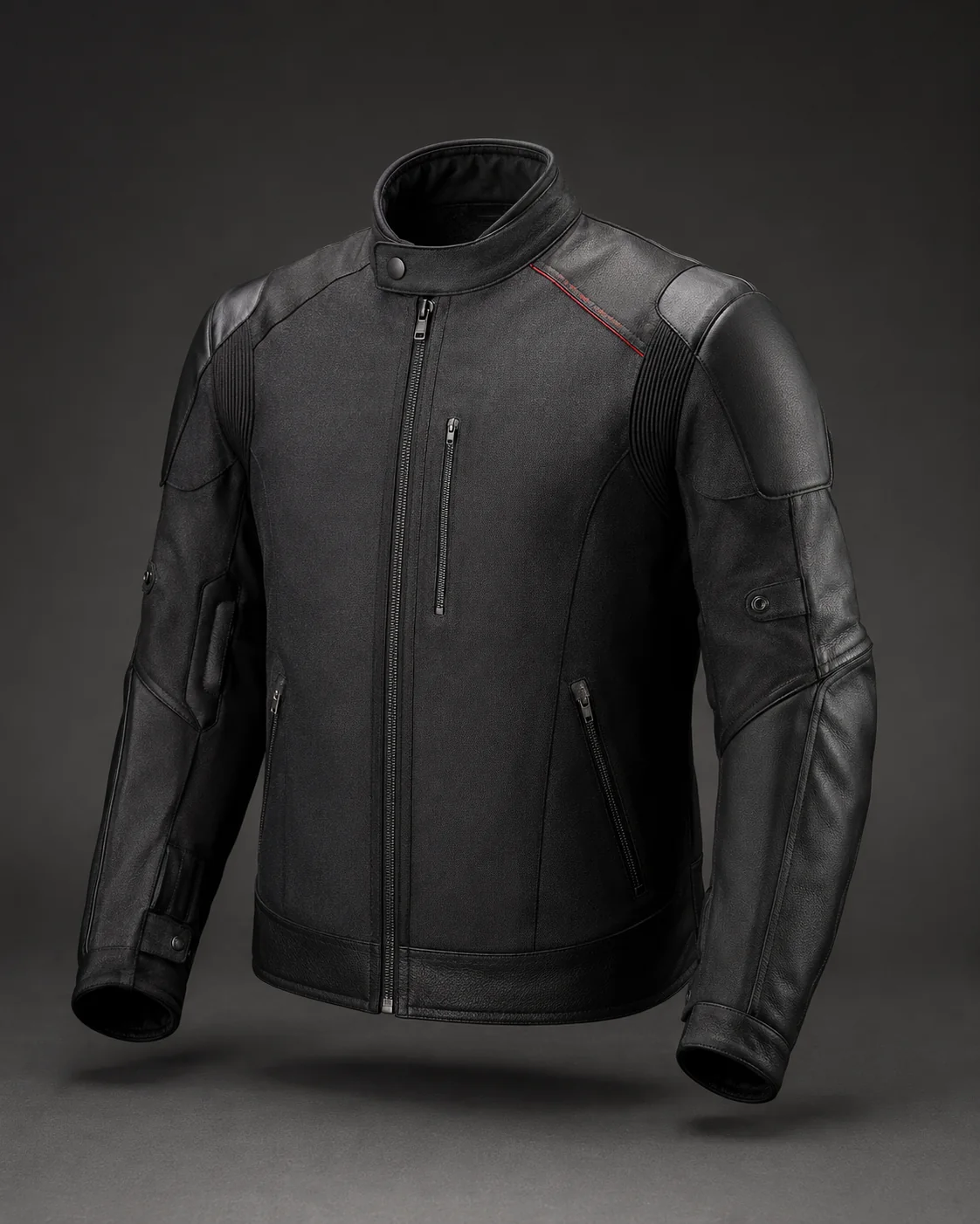 Concept visual for a black Ozimoto technical motorcycle jacket