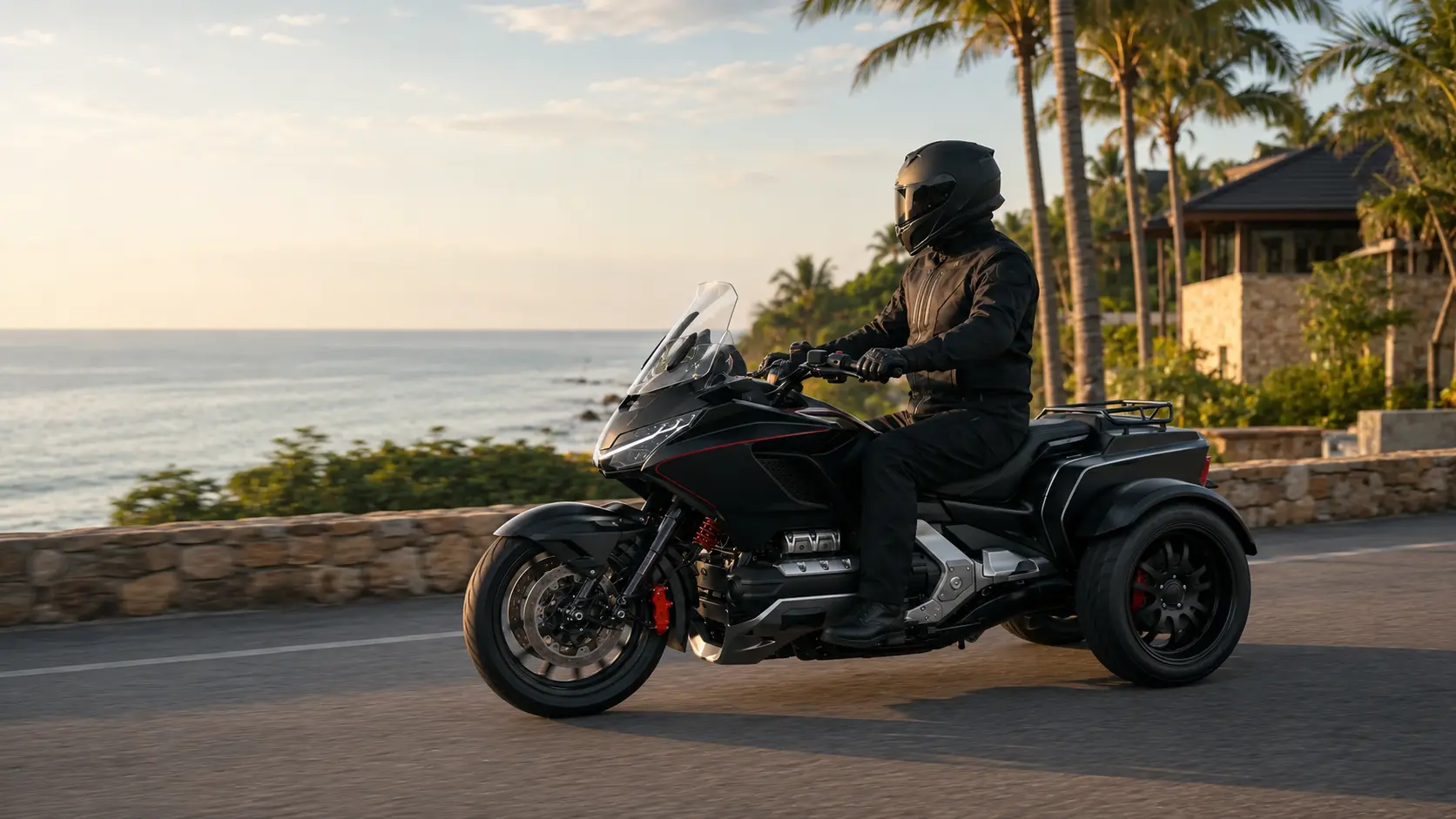 Three-wheel touring motorcycle at a coastal viewpoint