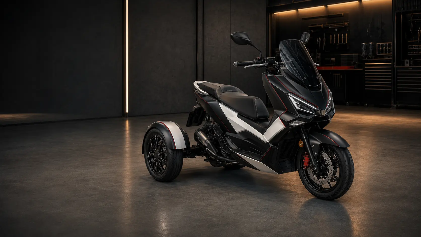 Ozimoto compact maxi-scooter trike design concept in a dark engineering studio